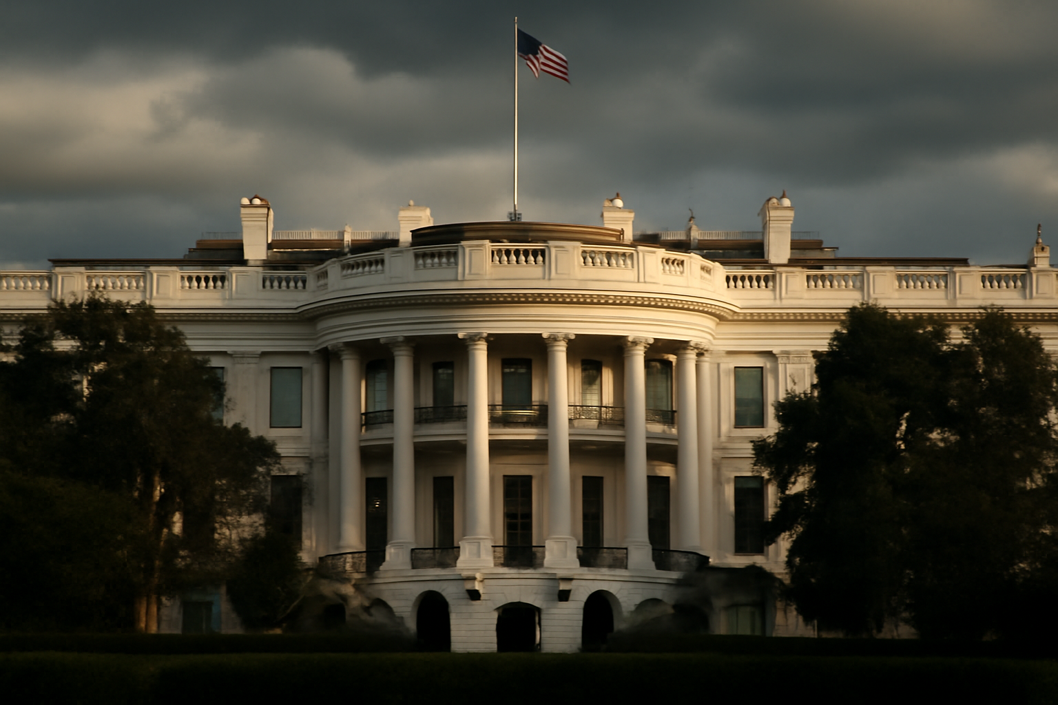 Exterior of the White House under overcast skies with flags at half staff