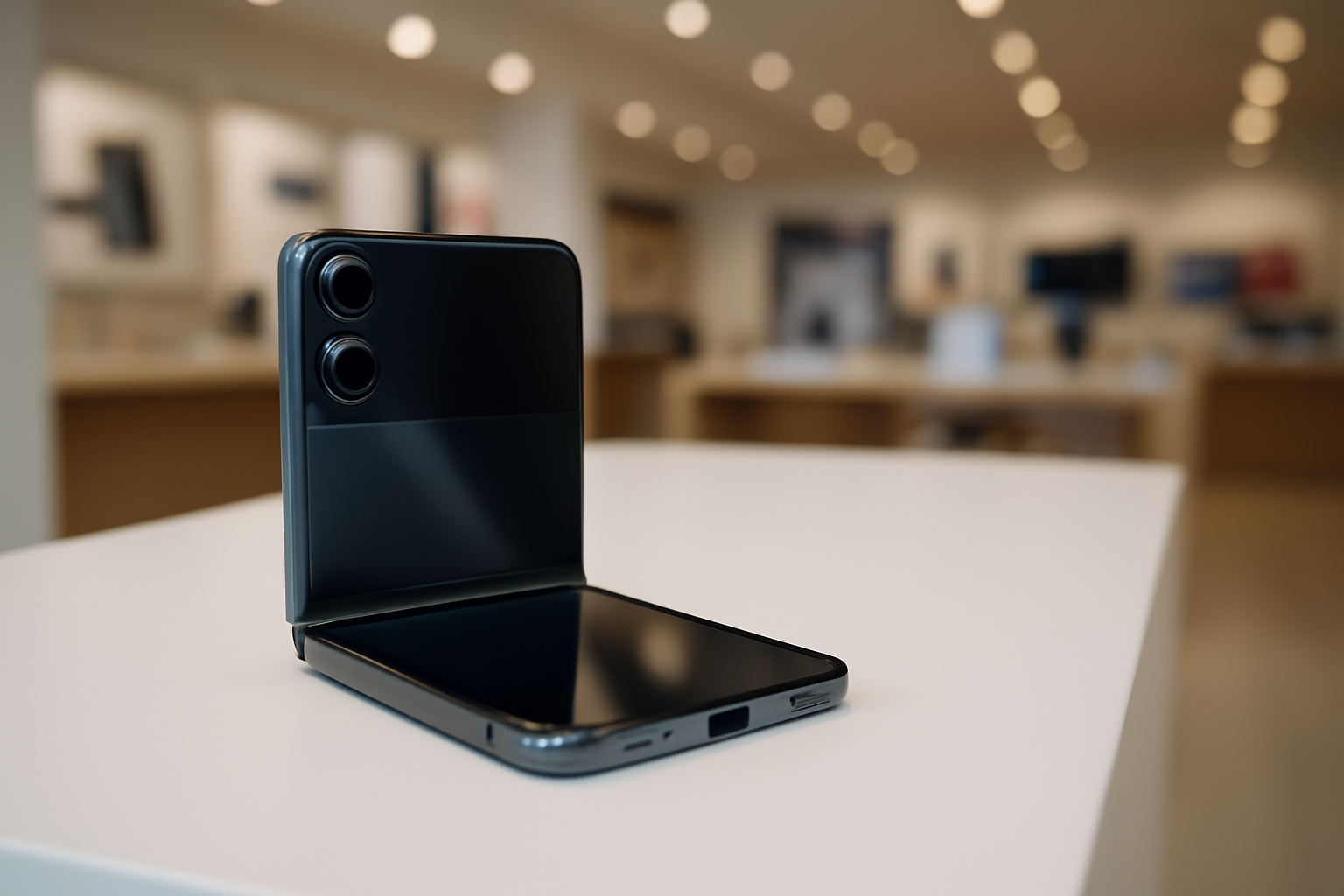Folded passport-style smartphone displayed on a store counter next to its retail box