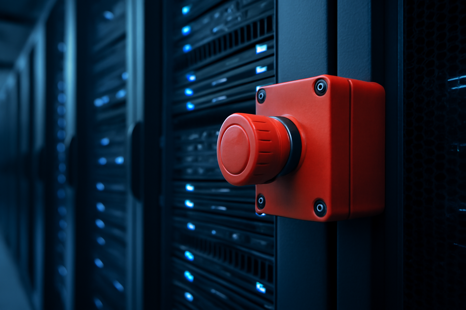 A red emergency stop button mounted beside a server rack in a data center