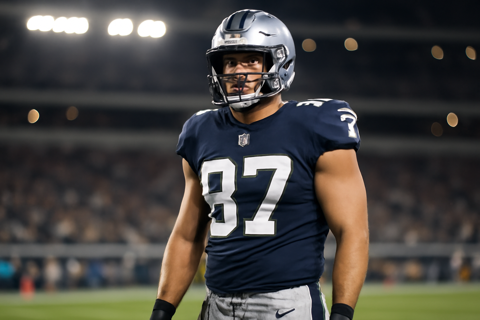Detroit Lions tight end in uniform standing on the sideline during an NFL game