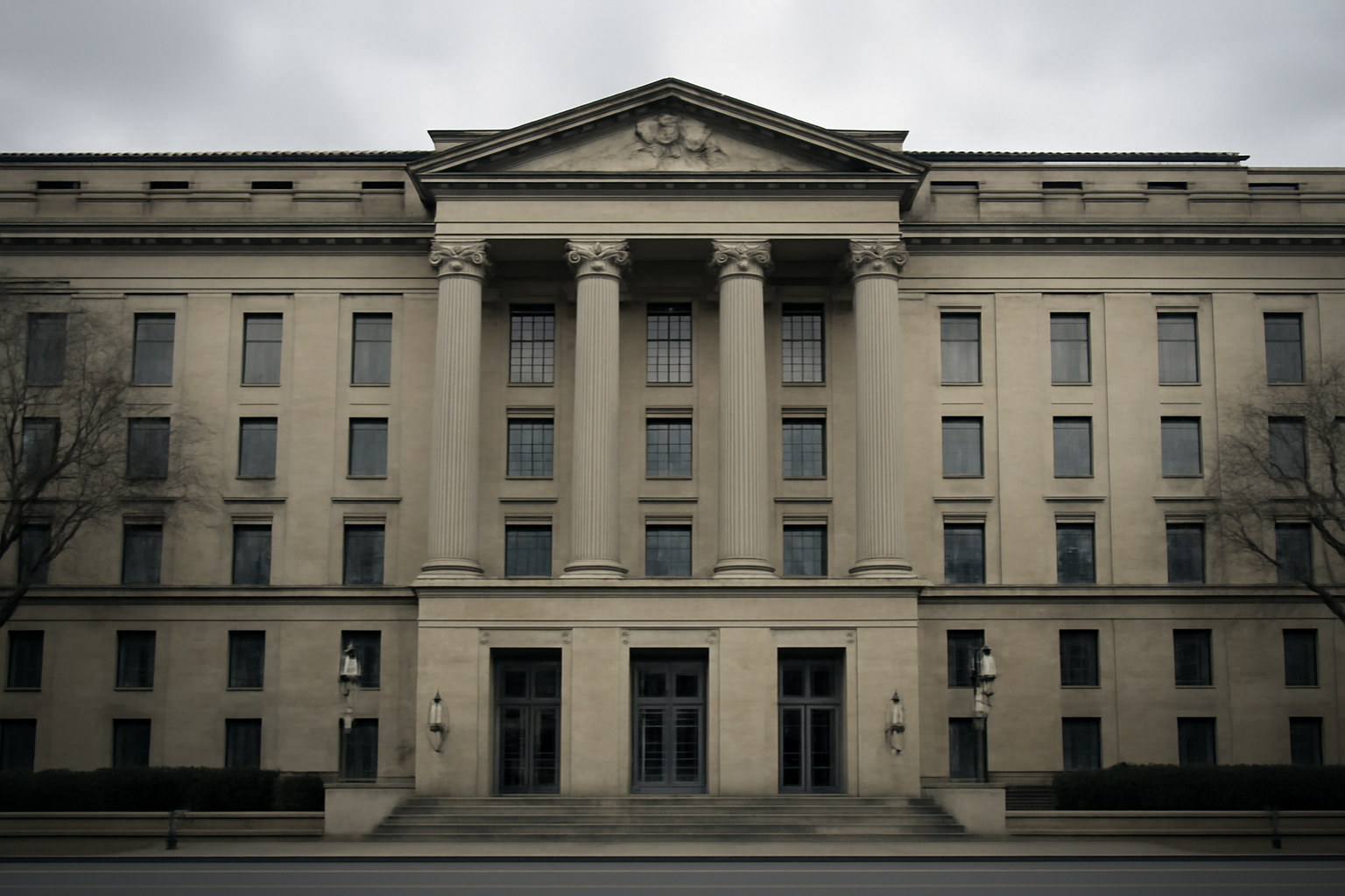 Exterior of the U.S. Department of Justice headquarters building in Washington under overcast sky