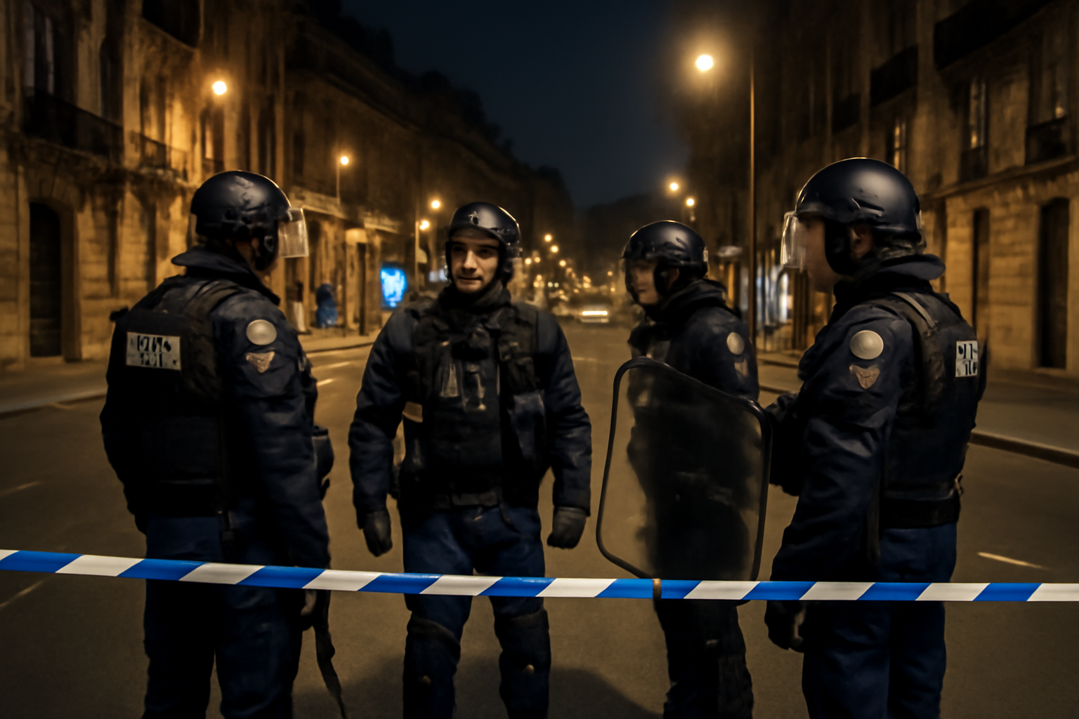 French police officers standing near a barricaded city street at night