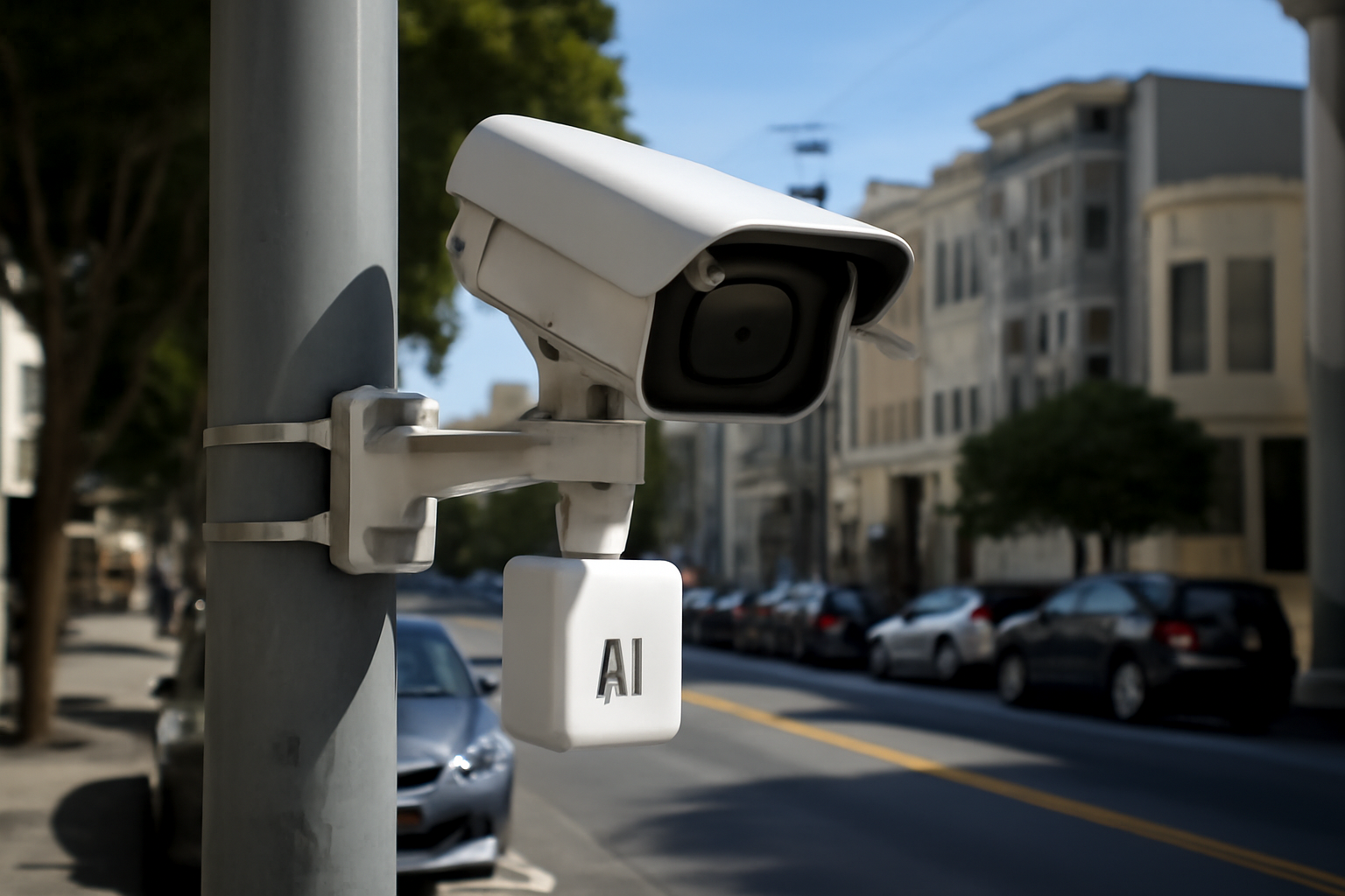 AI-powered traffic camera mounted on a pole above a San Francisco street