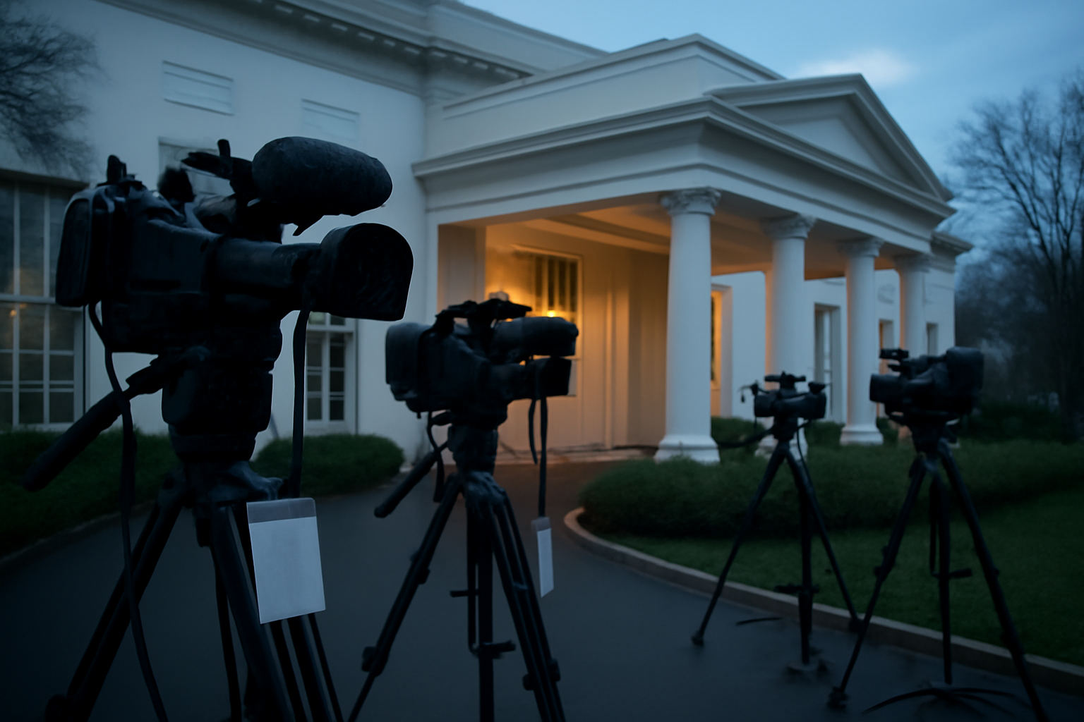 Television news cameras and White House press badges outside the West Wing entrance