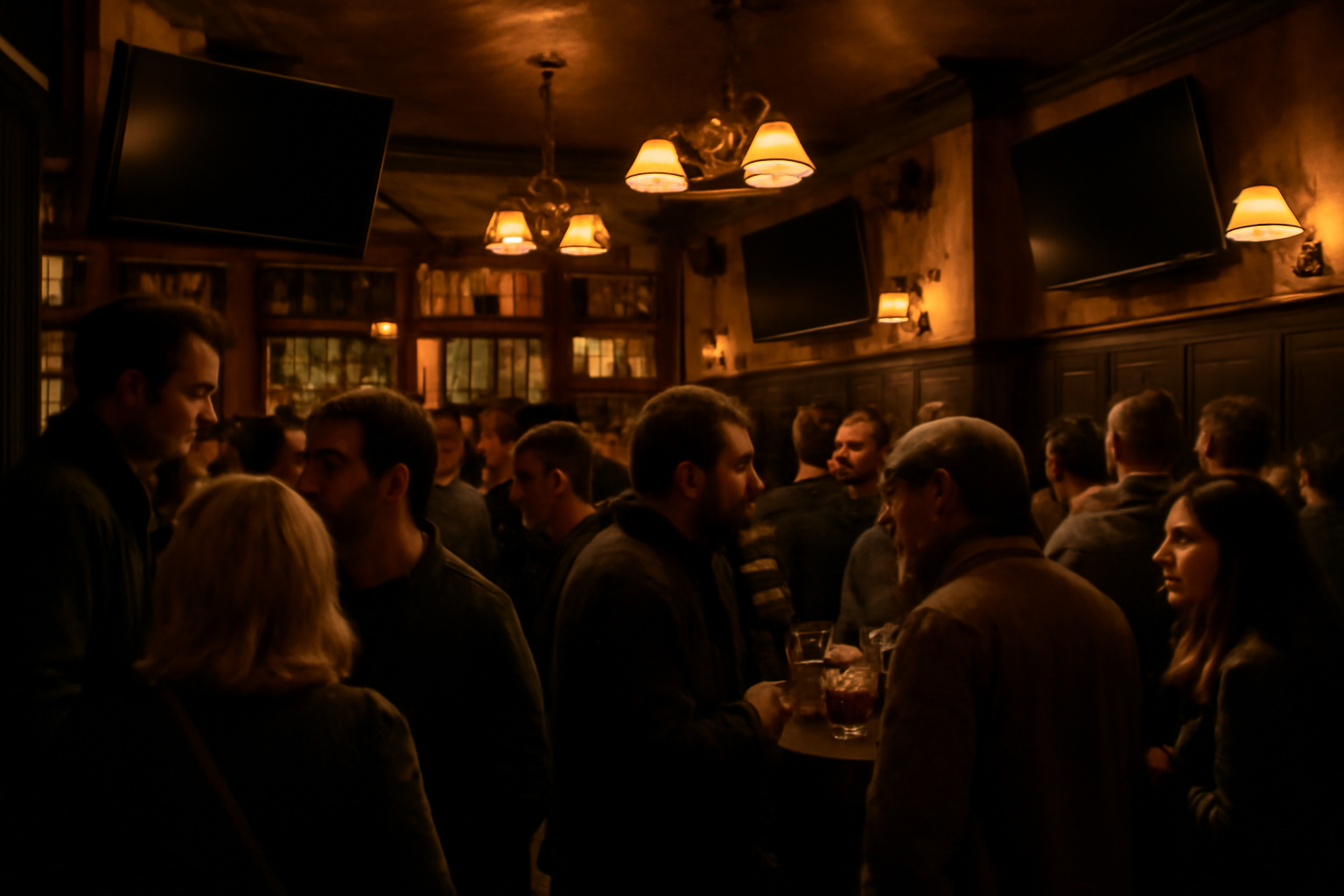 Empty television screens above an unusually crowded Dublin pub bar during a football match night