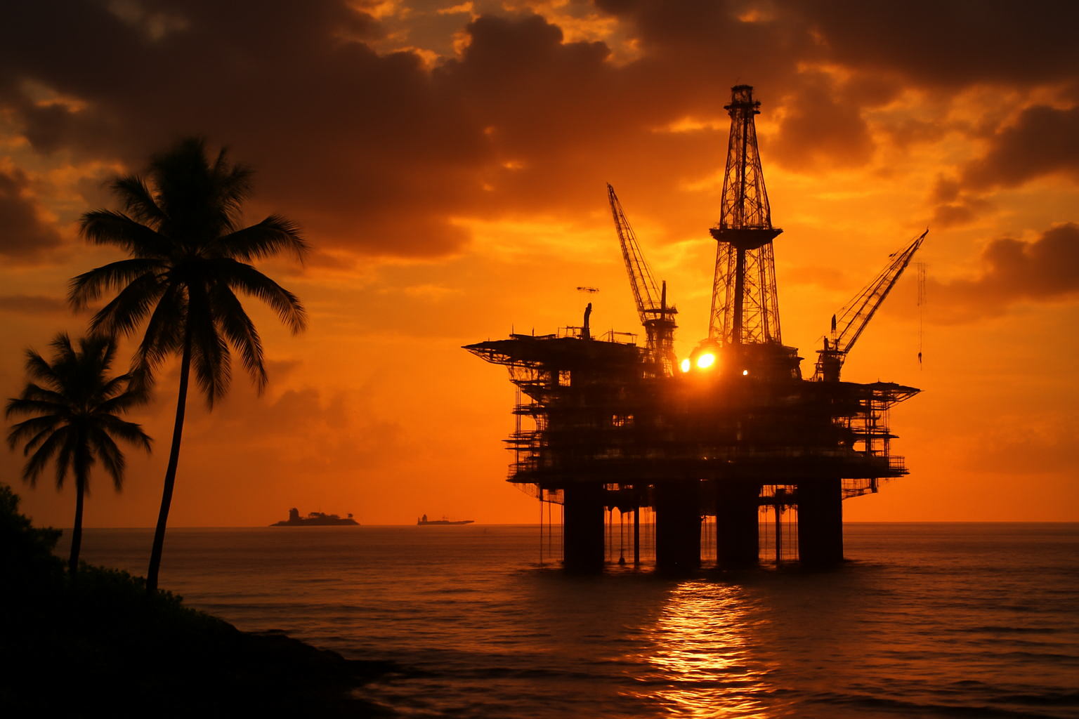 Offshore oil platform silhouetted against a coastal sunset near South America's northern shore