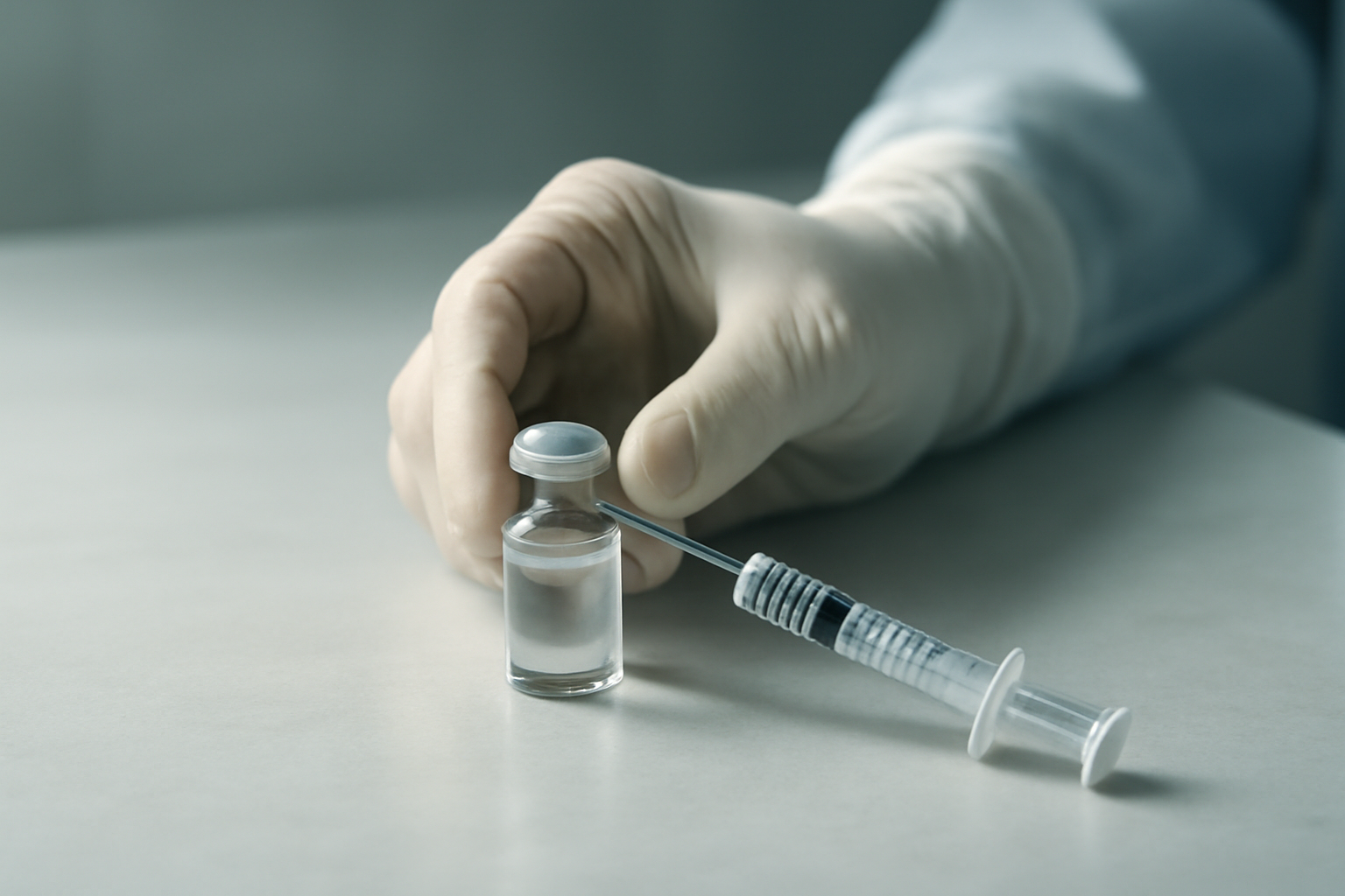A gloved hand holding a syringe and vial beside a calendar marked with two dates six months apart