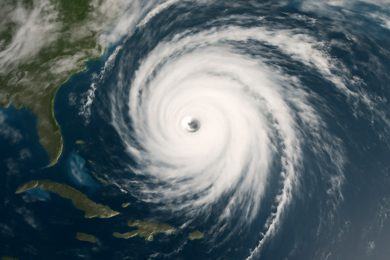 Satellite image showing a tropical storm system spinning over open Atlantic waters