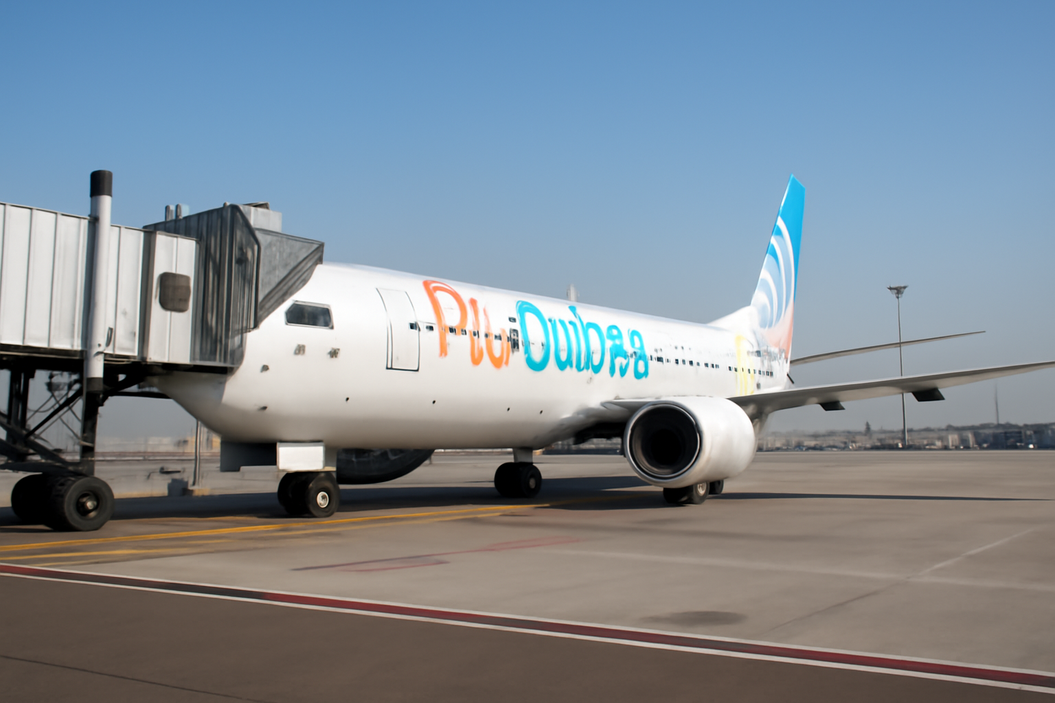 A FlyDubai Boeing aircraft on a tarmac with jet bridge attached under a clear sky
