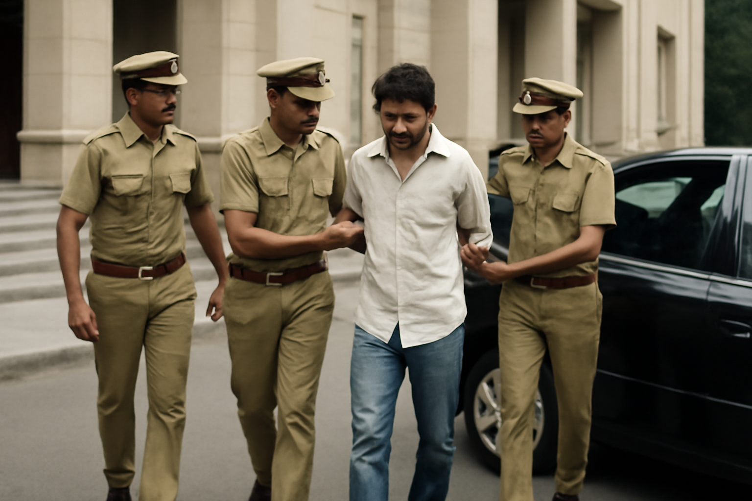 Police officers lead a detained protest organizer toward a vehicle outside a government building in India