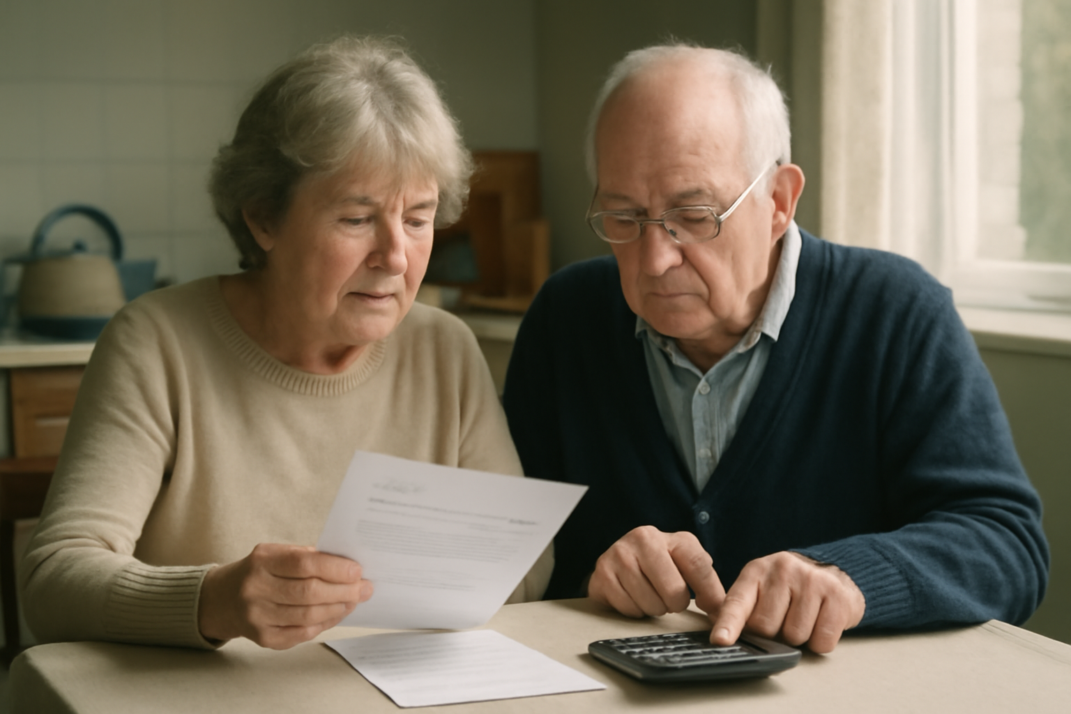 An elderly couple reviewing a pension statement at a kitchen table in the UK