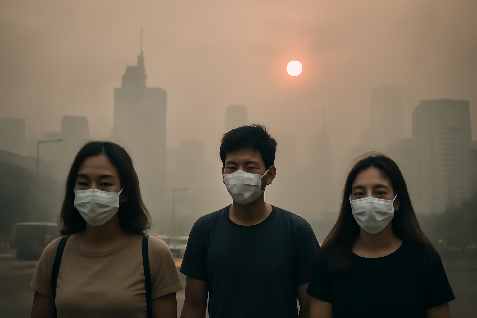 Thick gray haze obscures buildings in an Indonesian city skyline during rainforest fire season