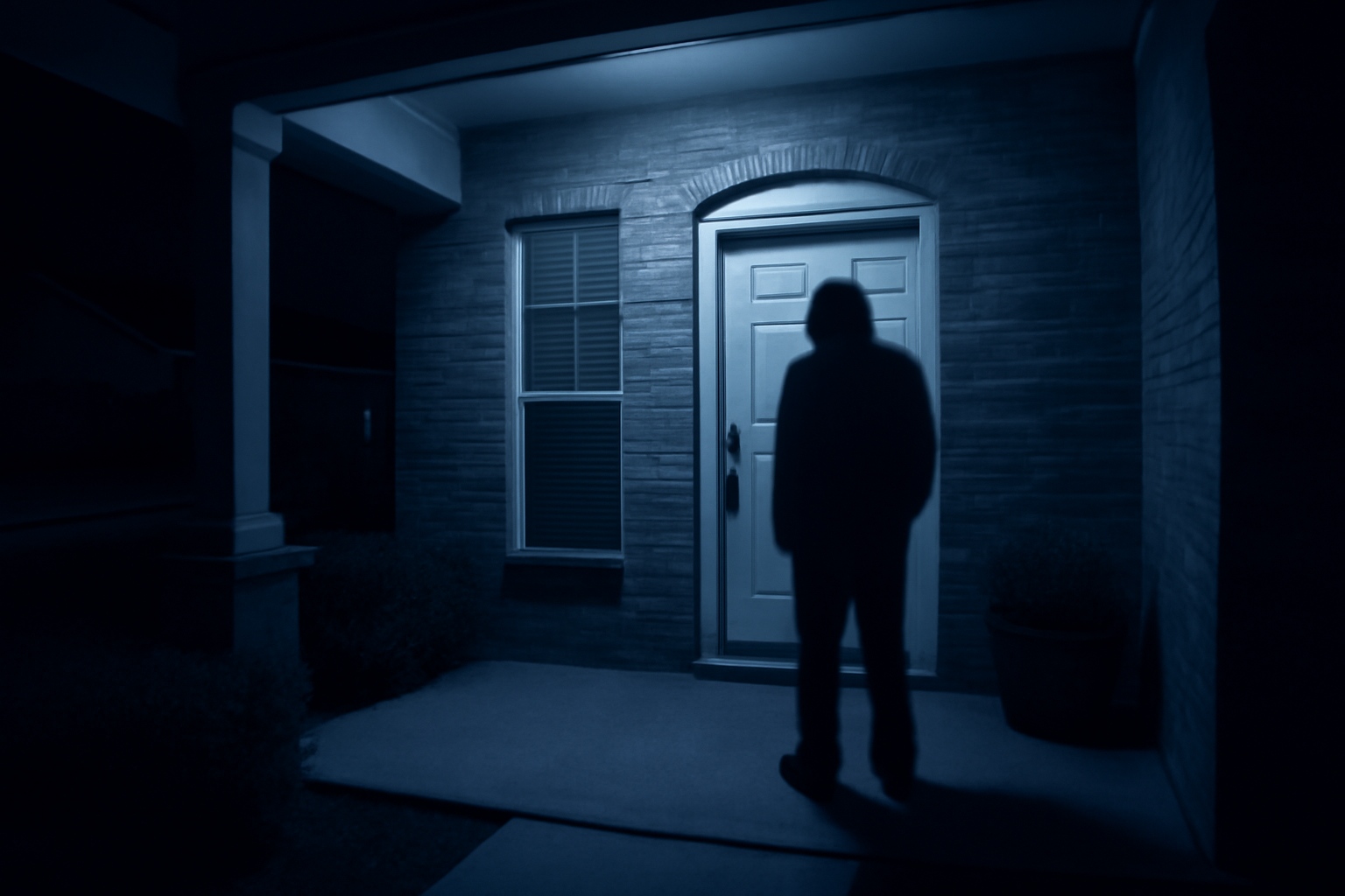 A doorbell camera view of a porch at night showing a figure in a mask near the front door
