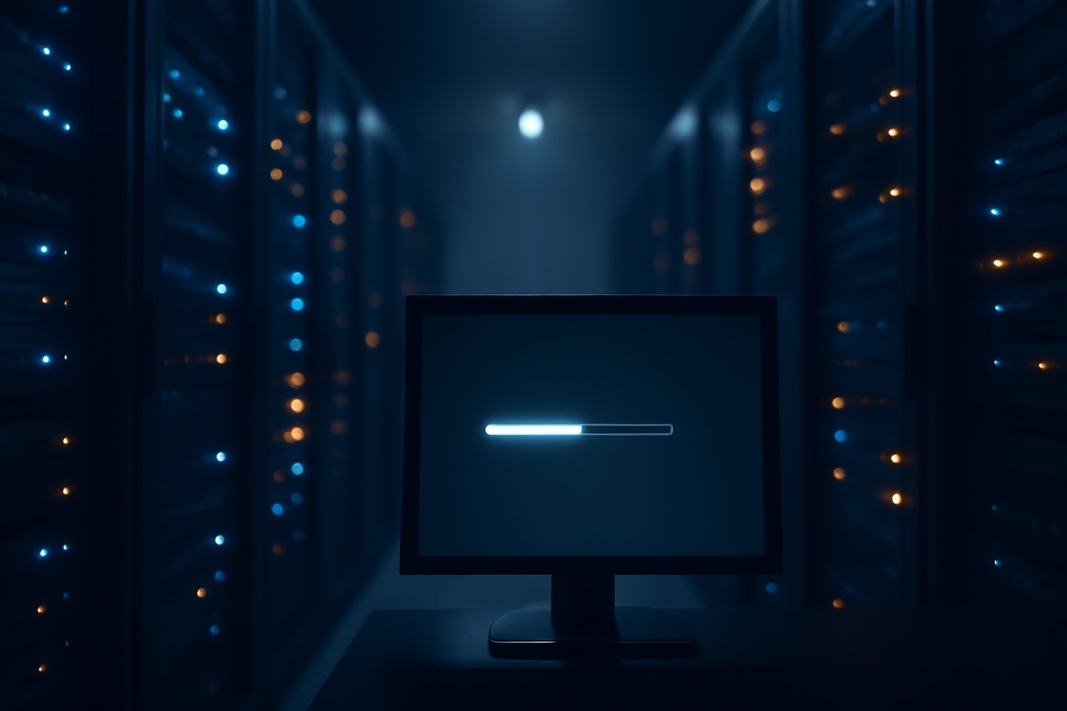 Server room lit by blue indicator lights with a paused progress bar on a monitor