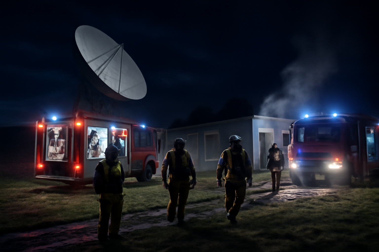 Firefighters and emergency vehicles outside a satellite communications facility at night in rural Poland