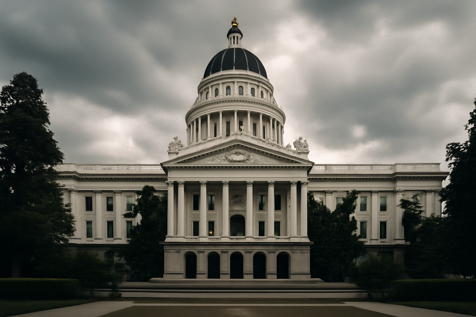 California state capitol building exterior with overcast sky