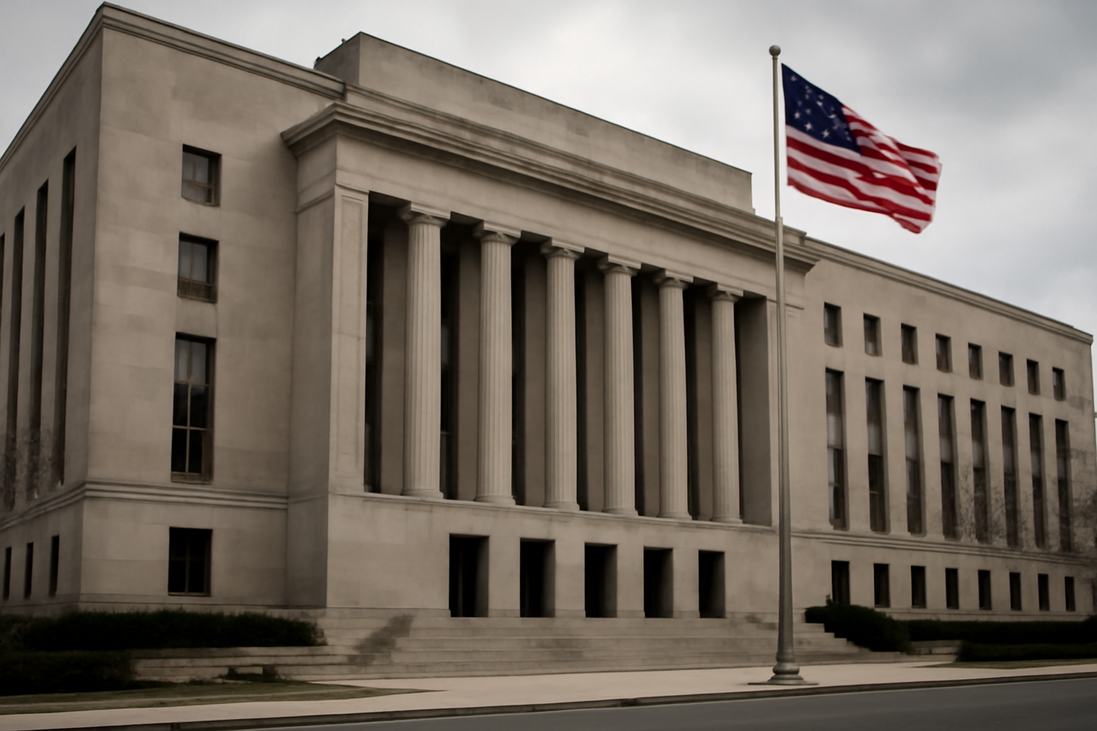 Exterior of a federal courthouse building with American flag under overcast sky