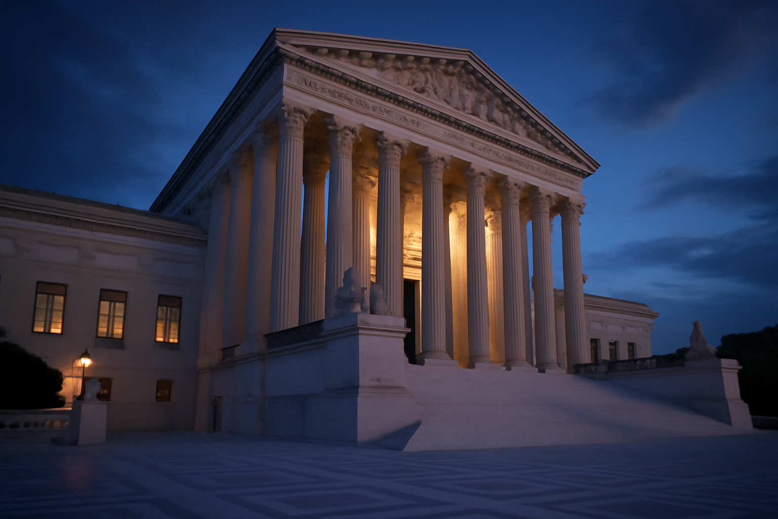 Exterior view of the U.S. Supreme Court building's marble columns and pediment