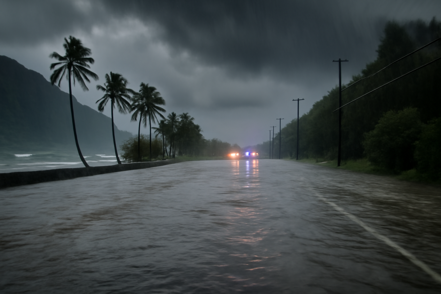 Floodwater covers a Hawaii highway near parked emergency vehicles during a tropical storm