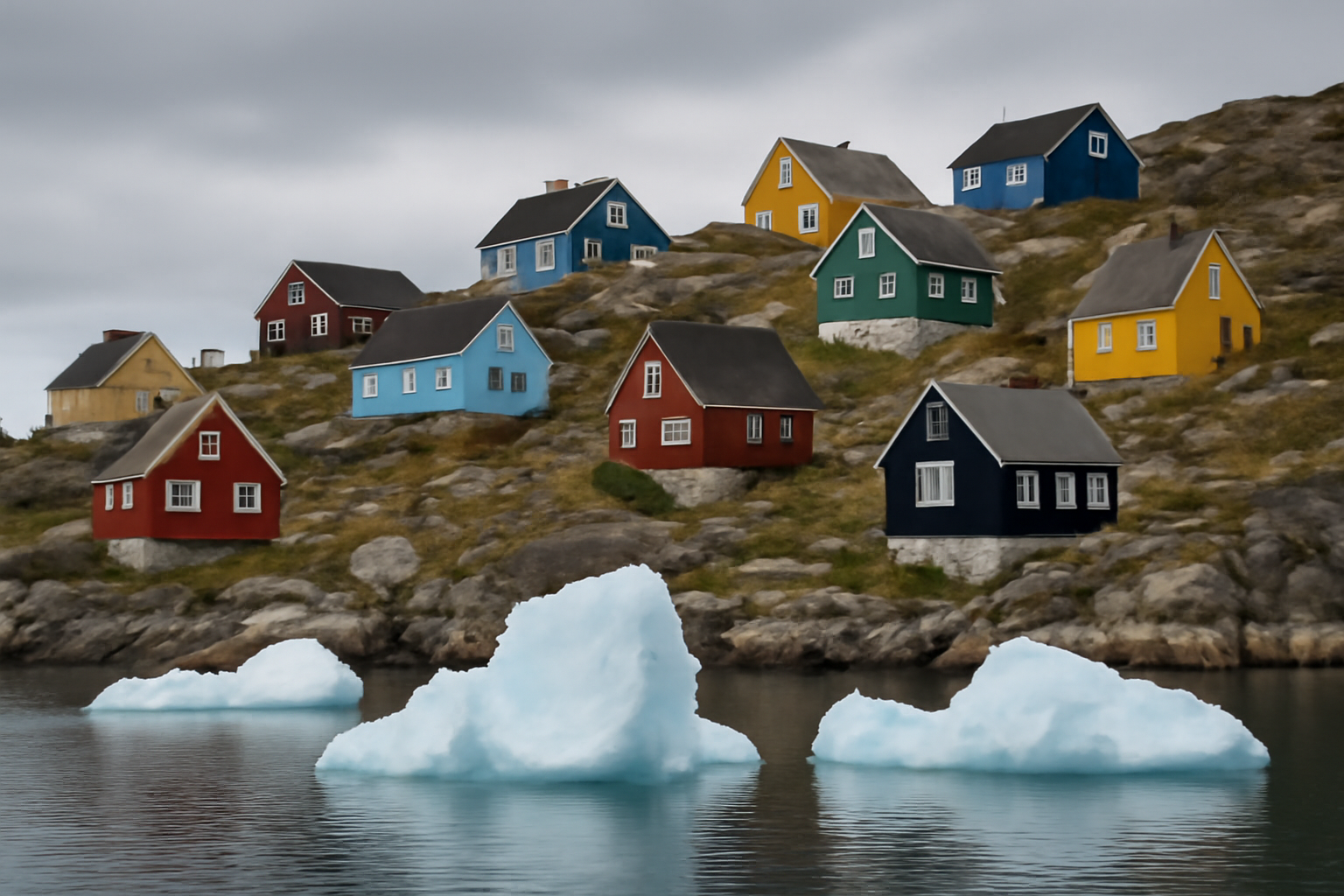 Colorful houses along a Greenlandic harbor with icebergs visible offshore under overcast sky