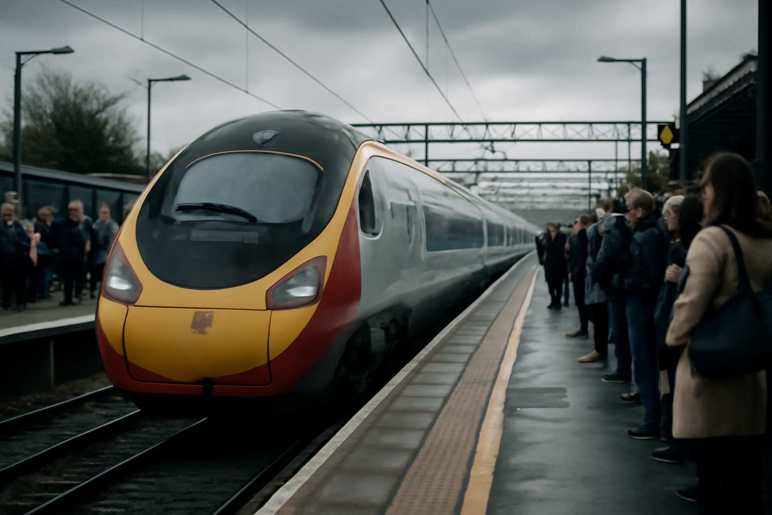 A Pendolino train at a UK railway platform under an overcast sky