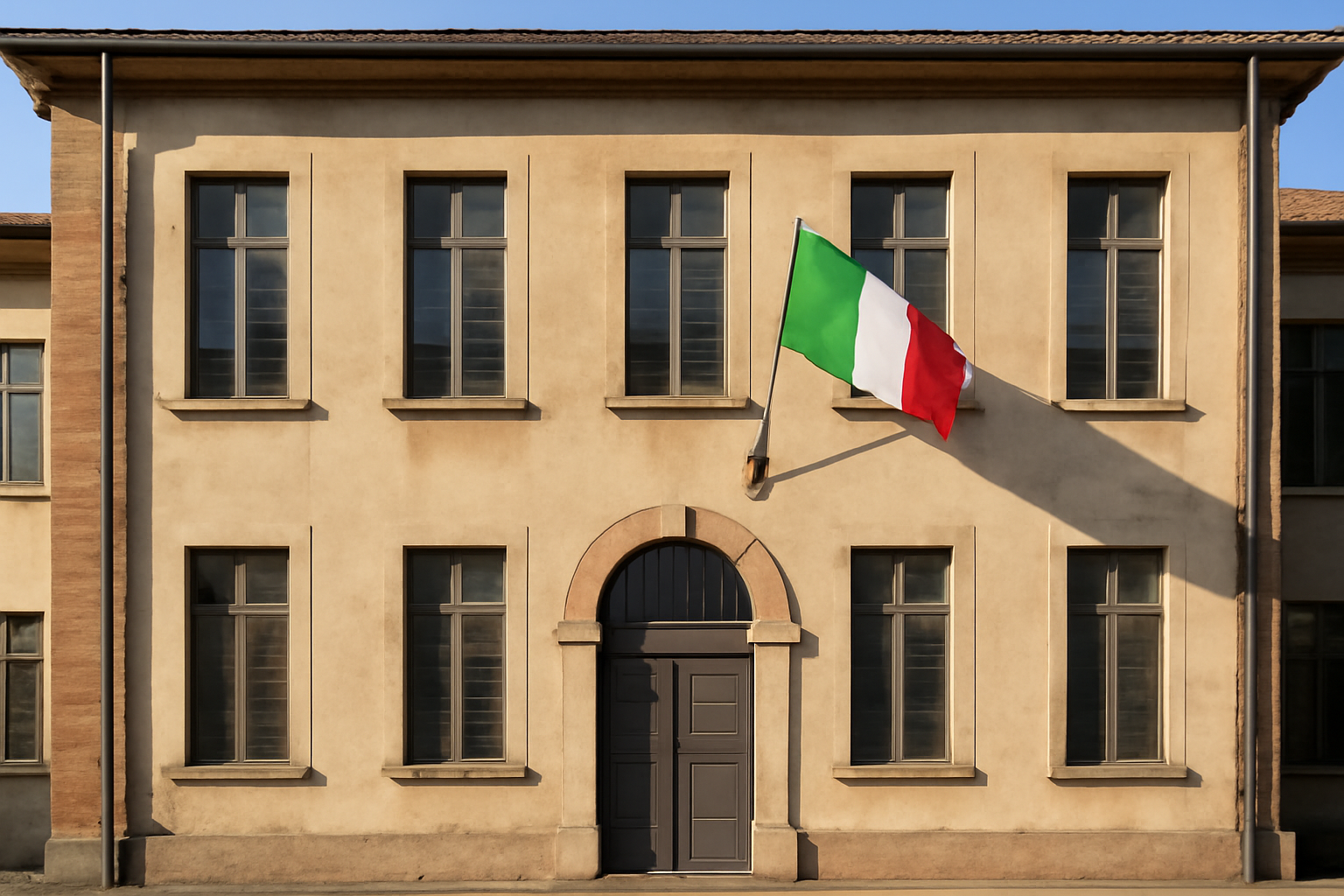Exterior of an Italian public school building with the national flag flying against a clear sky