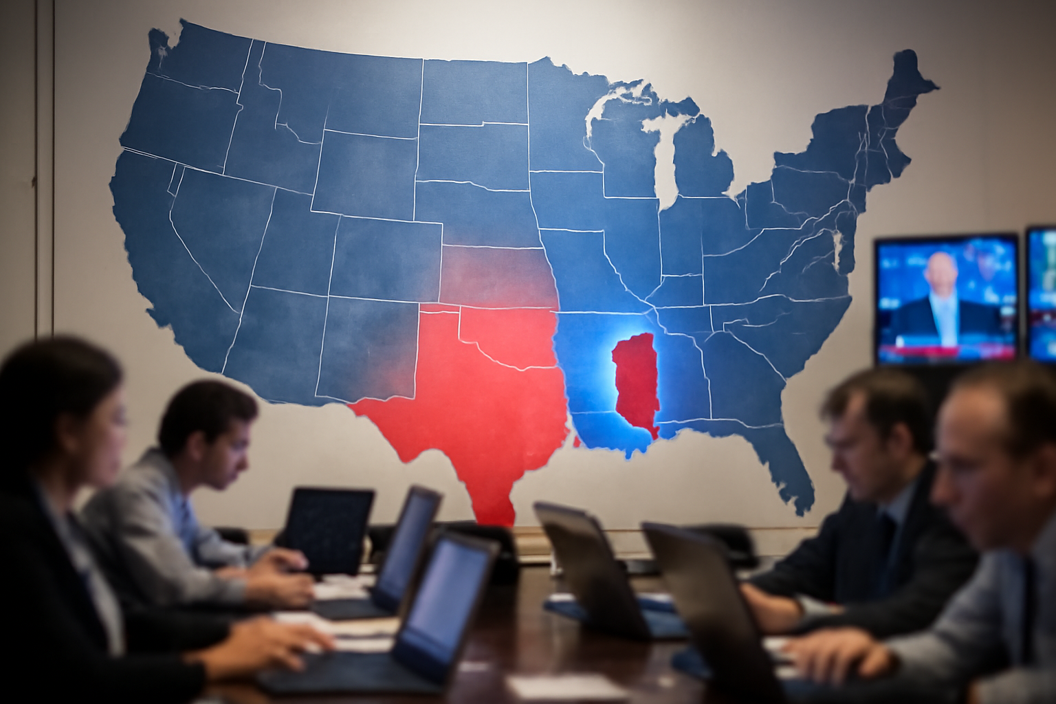 Television studio control room displaying a red-state electoral map with Mississippi highlighted