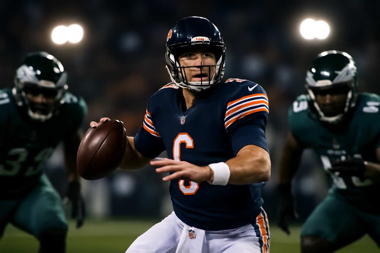 A veteran NFL quarterback in a Chicago Bears uniform drops back to pass under a Monday night stadium light rig