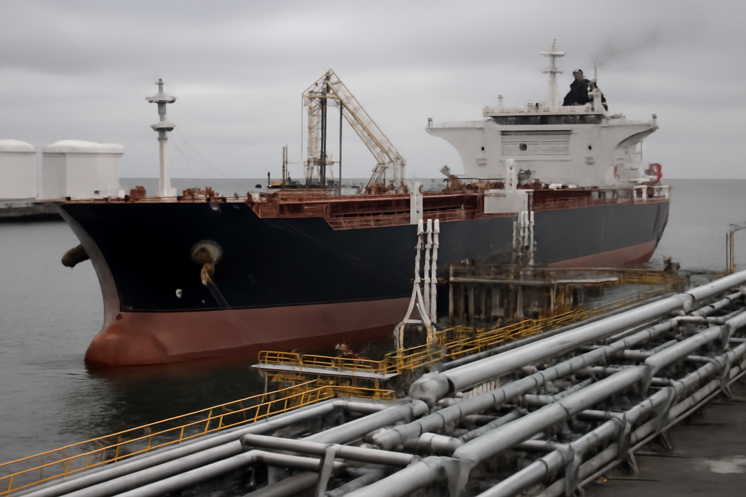 Oil tanker loading diesel fuel at a port terminal under an overcast sky