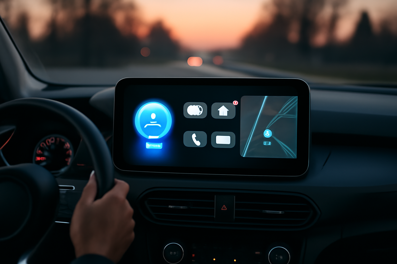 Dashboard screen in a car showing a voice assistant interface with navigation and calendar notifications