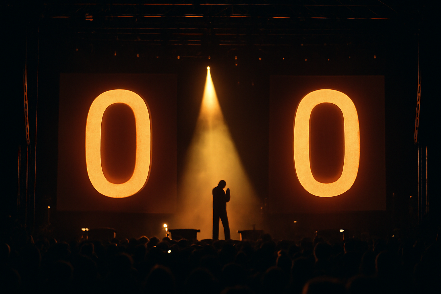 Concert stage screens displaying a glowing numeral zero motif behind a performer silhouette