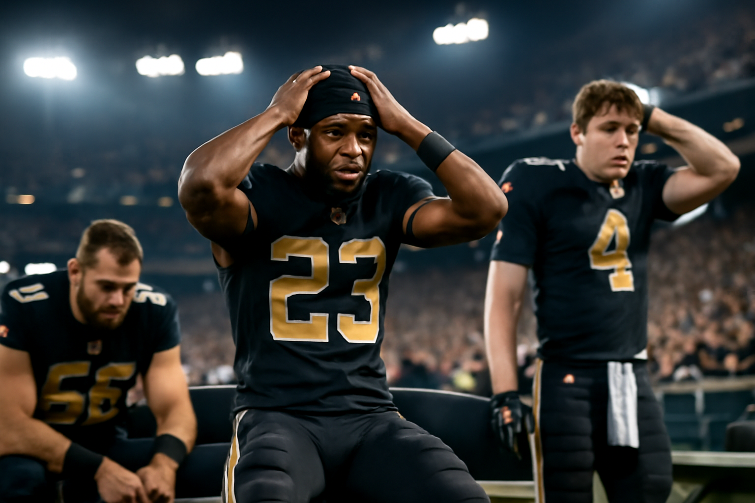 New Orleans Saints players react on the sideline during a loss to the Las Vegas Raiders