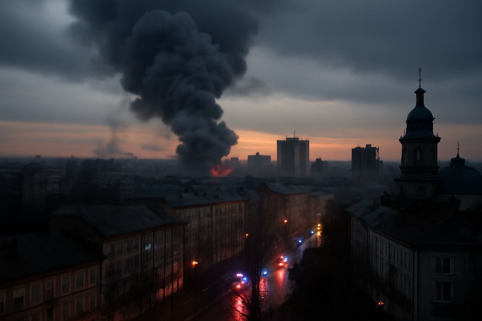 Smoke rising over a Ukrainian city skyline after an aerial strike