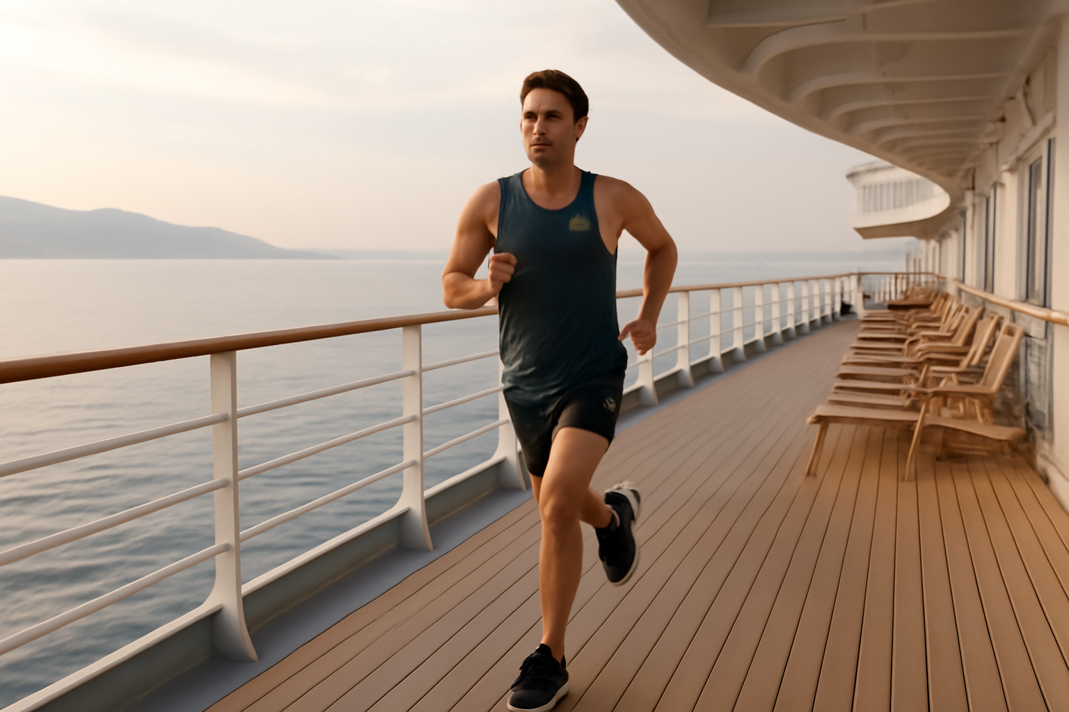 A lone runner in athletic gear jogging along the open deck of a cruise ship with the Mediterranean Sea in the background.