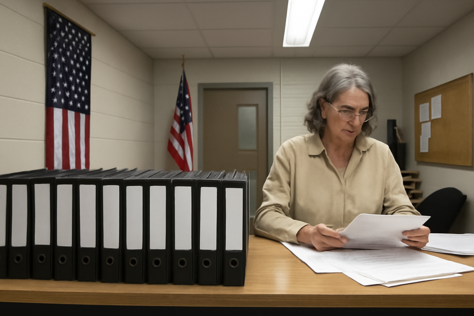A county election office counter with voter registration binders and a wall clock showing an approaching deadline