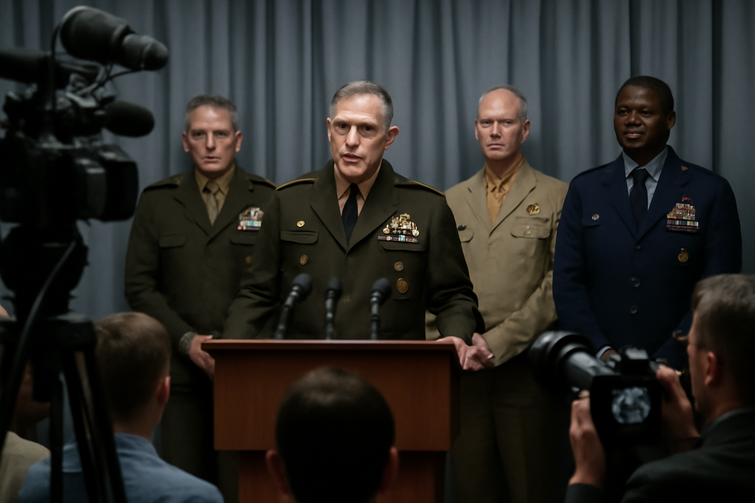 Military officials standing at a podium during a press briefing in a government building