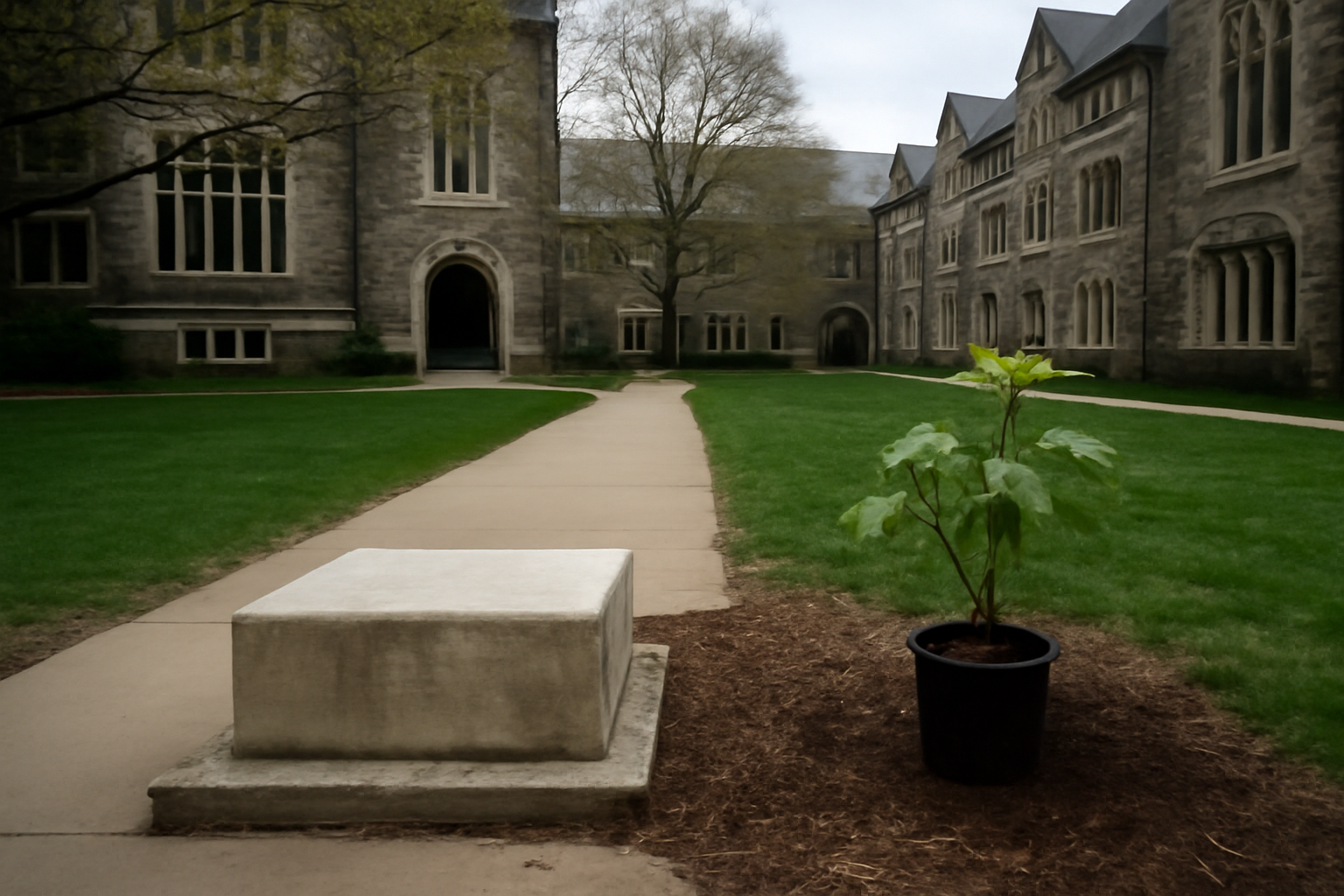Empty stone pedestal on a university campus walkway with a small potted fig sapling placed where a memorial once stood