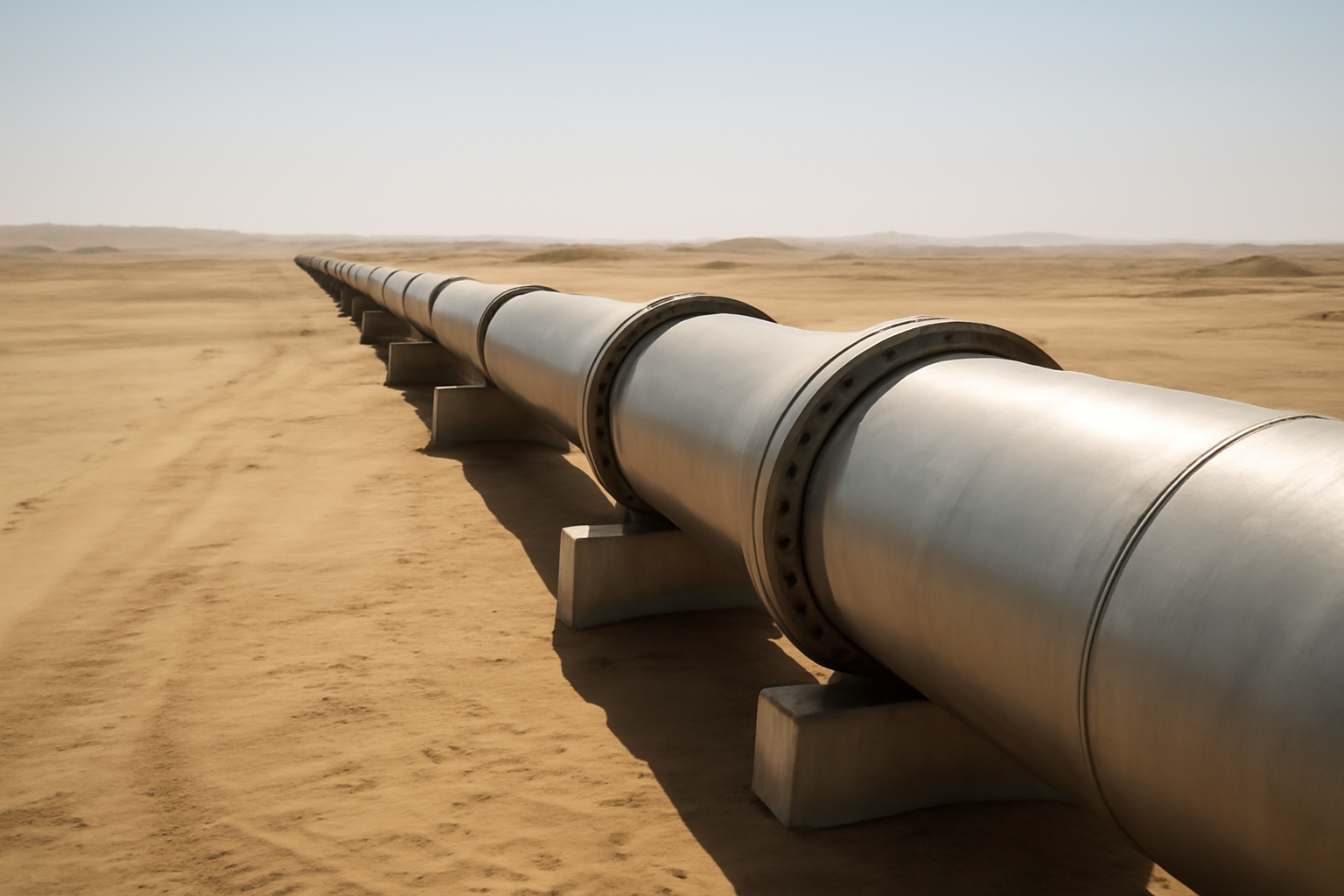 Oil pipeline infrastructure under a clear sky in a desert setting