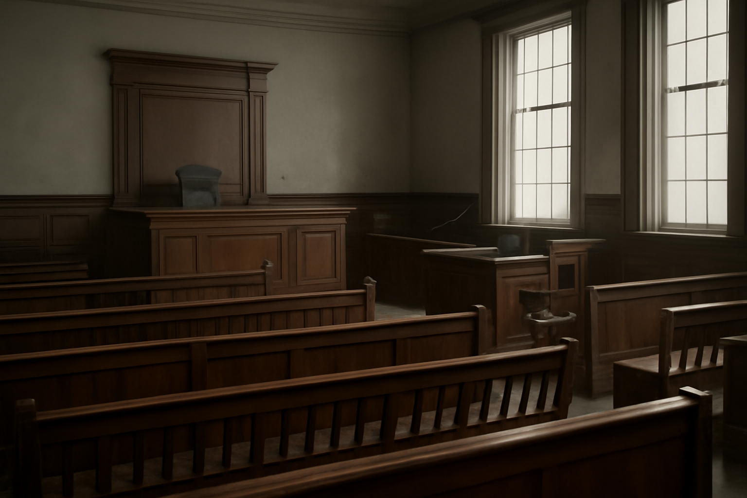 Empty courtroom gallery with a wooden witness stand and Canadian flag in Ontario