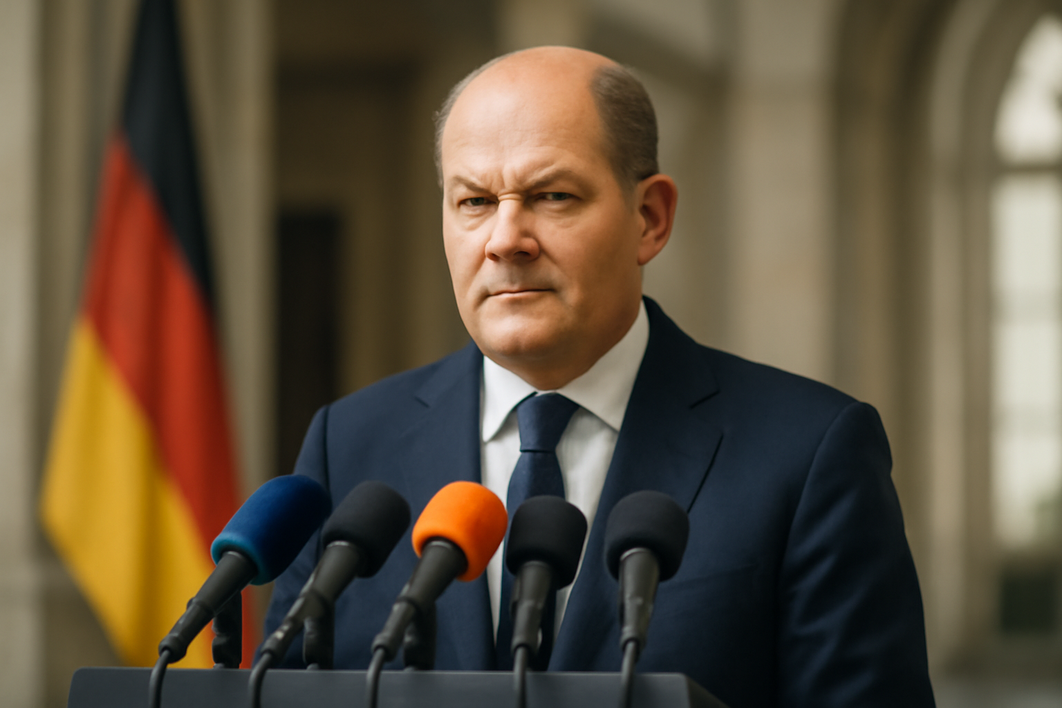 German Chancellor Friedrich Merz speaking at a lectern with press microphones during a government press conference