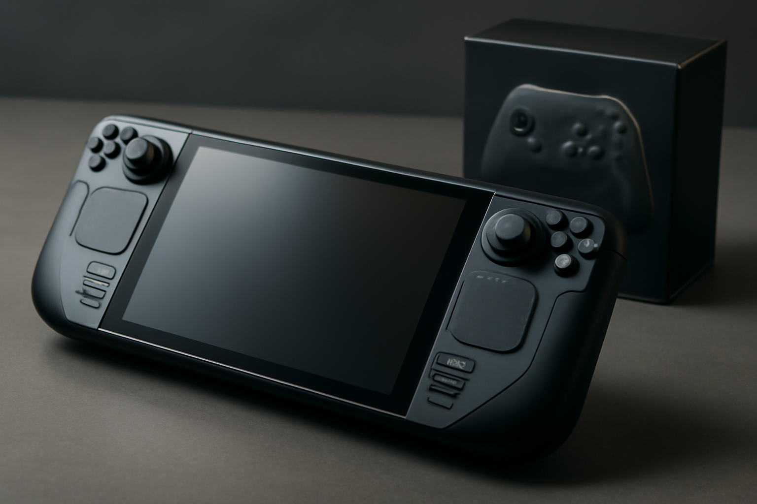 Handheld gaming PC with dual control sticks and a wide display running a game library menu