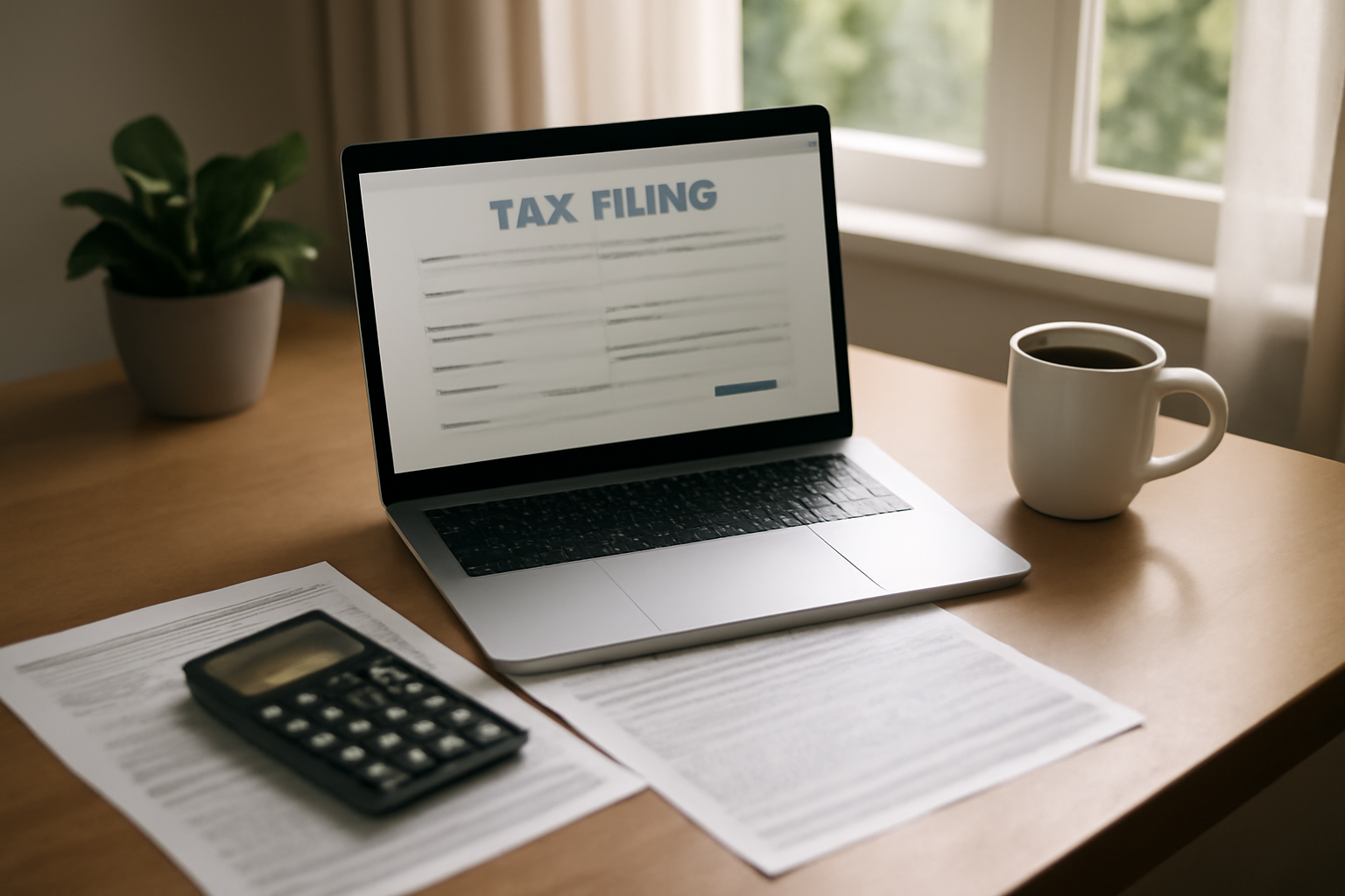 A laptop screen displaying a tax filing website next to a calculator and printed tax documents on a desk