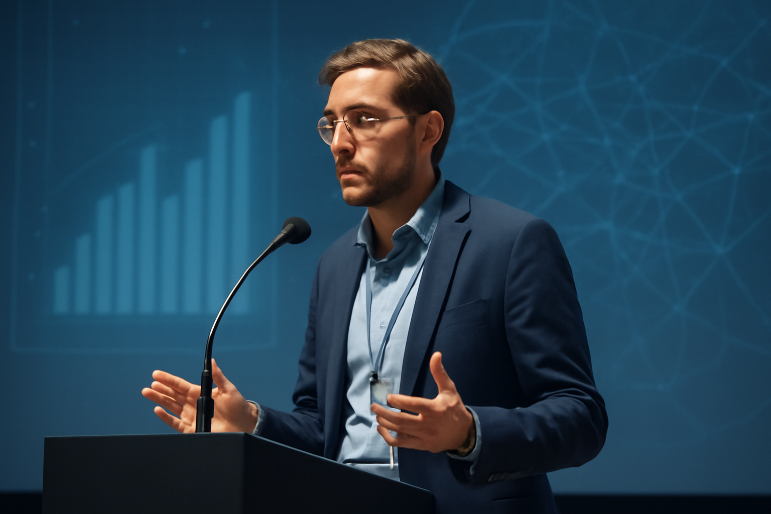 Split image of a researcher speaking at a podium beside abstract glowing neural network lines