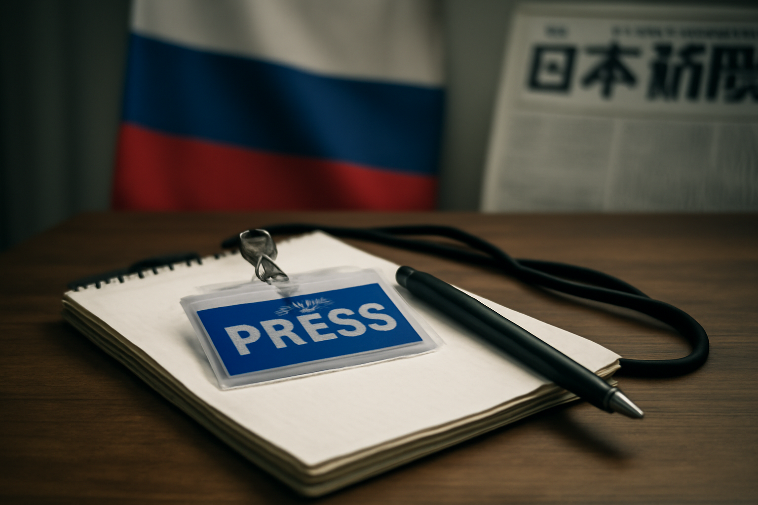Press credentials and a reporter's notebook on a desk beside a Russian flag