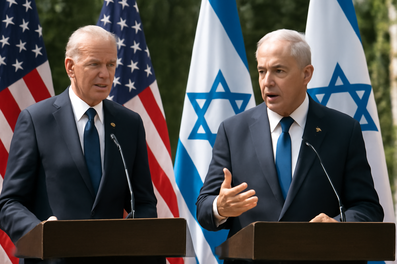 Donald Trump and Benjamin Netanyahu standing side by side near American and Israeli flags