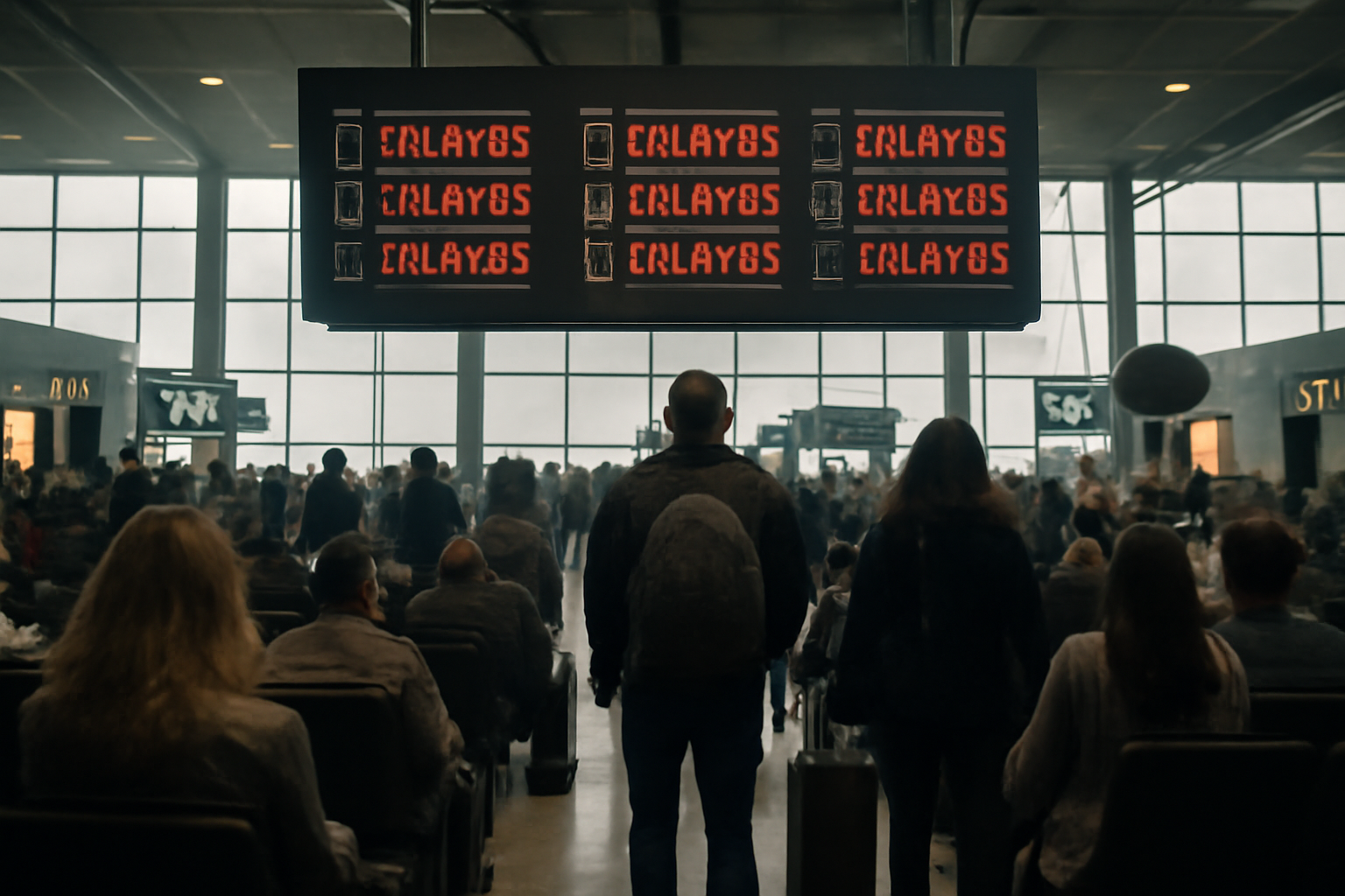 Departure boards showing delayed flights at a crowded East Coast airport terminal