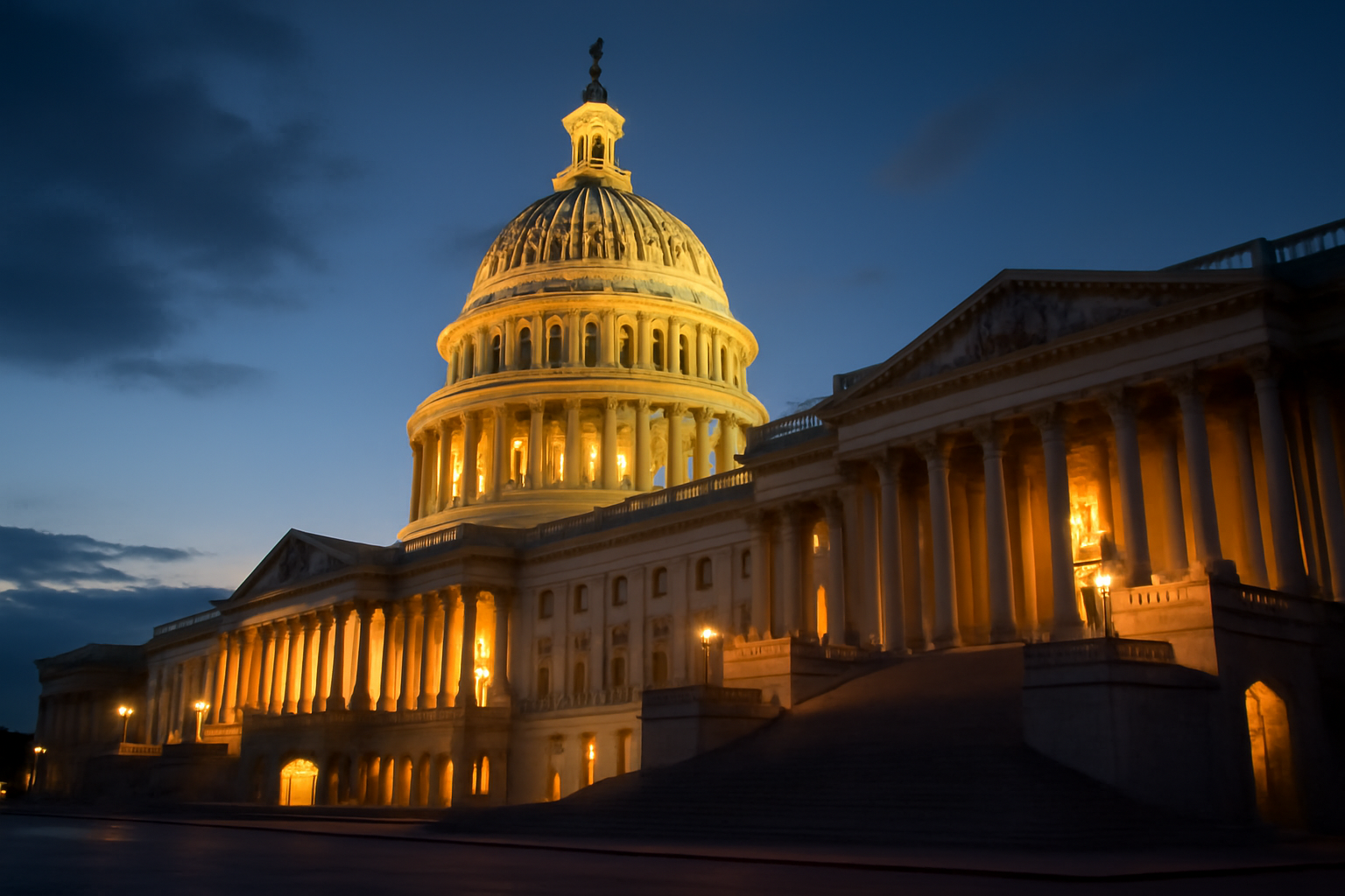 U.S. Capitol dome with Senate Judiciary Committee hearing room chairs visible in foreground