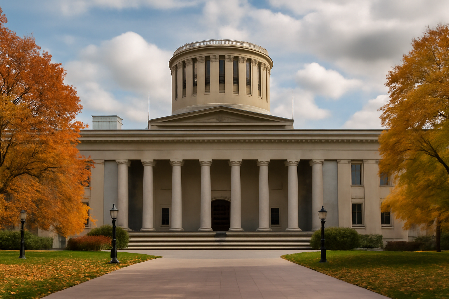 Ohio Statehouse dome in Columbus under a clear autumn sky