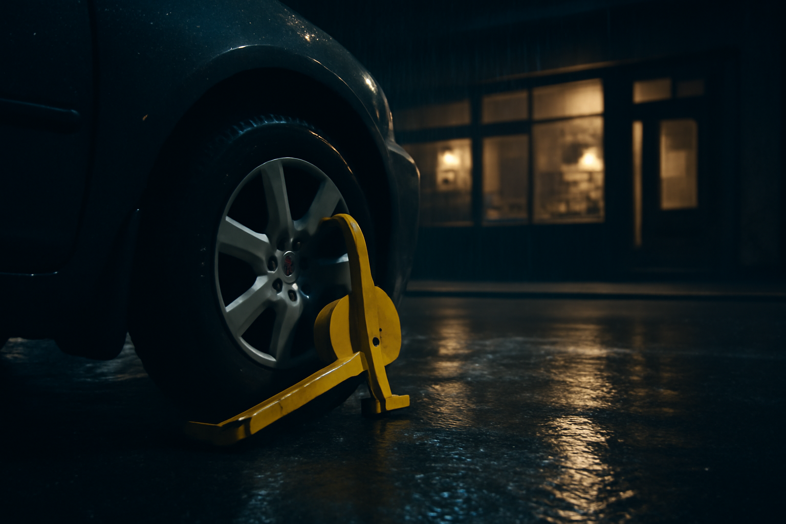 A clamped car wheel in a dimly lit parking lot outside an antiques shop at night