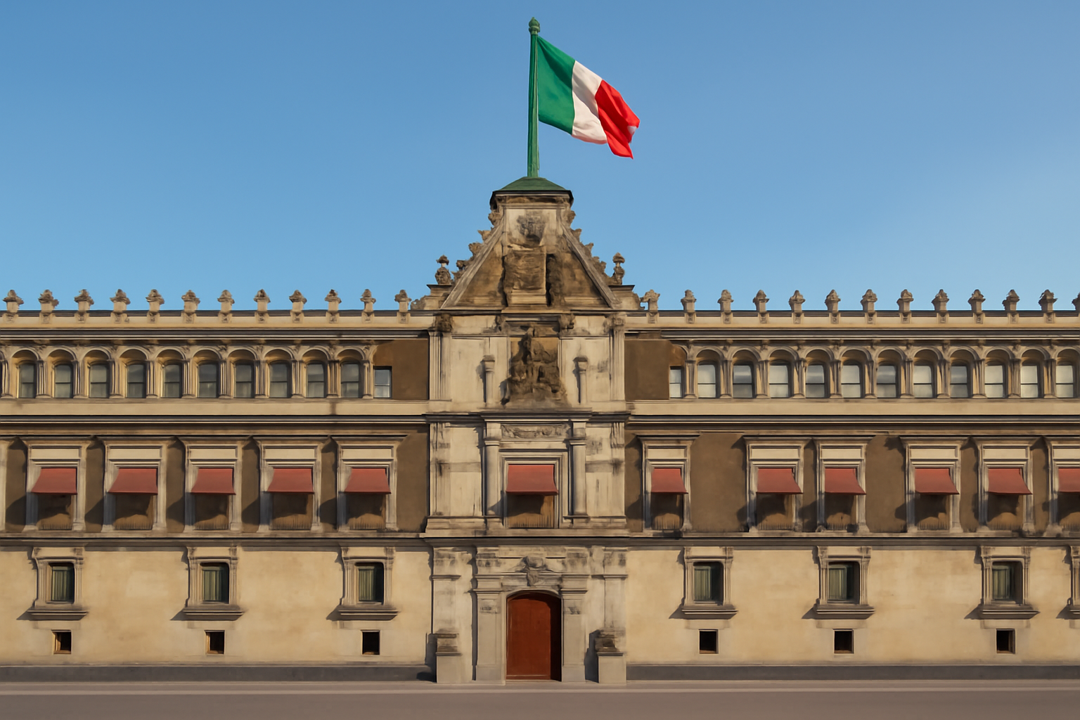 Exterior of Mexico's National Palace under a clear afternoon sky